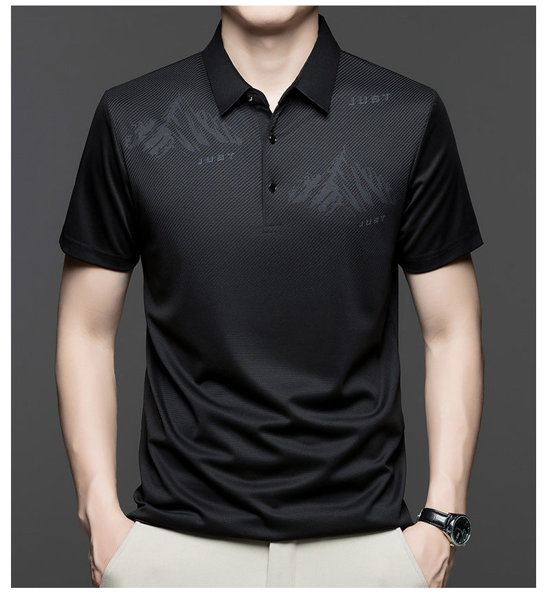 Jiskavi men's jet black tonal graphic polo T-shirt detail view