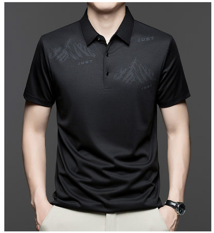Jiskavi men's jet black tonal graphic polo T-shirt detail view