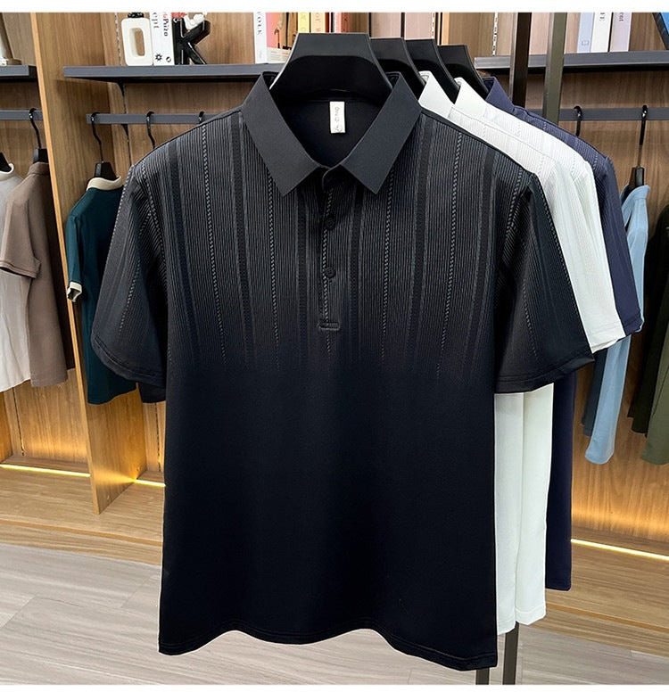 Jiskavi men's jet black vertical stripe polo T-shirt view 2