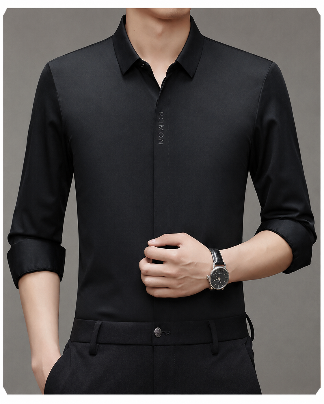 Men wearing Jiskavi black stretch formal shirt with rolled sleeves and black trousers