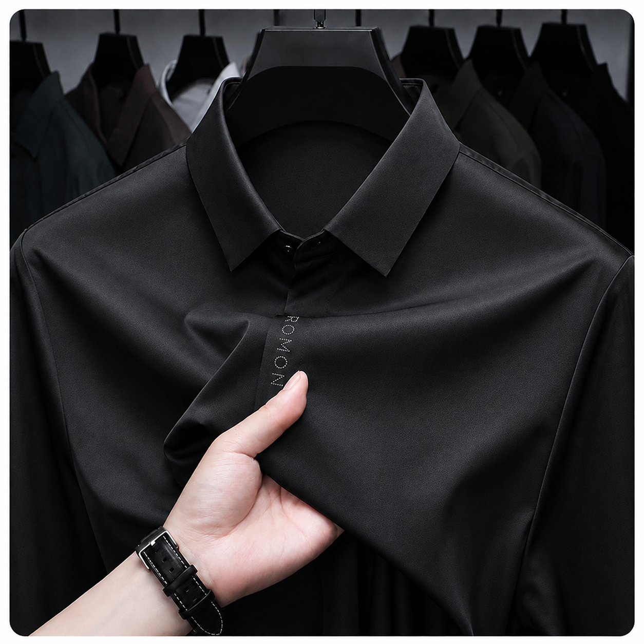 Jiskavi men's black imported stretch formal shirt fabric and collar close-up