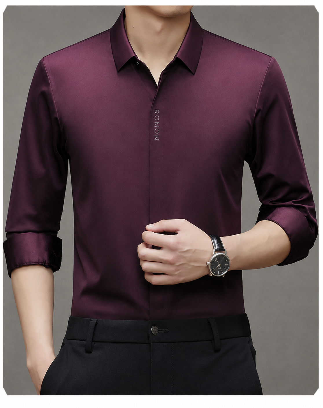 Men wearing Jiskavi deep wine imported stretch formal shirt with rolled sleeves