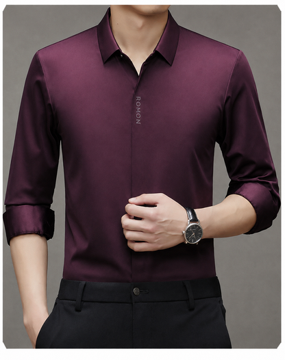 Men wearing Jiskavi deep wine imported stretch formal shirt with rolled sleeves