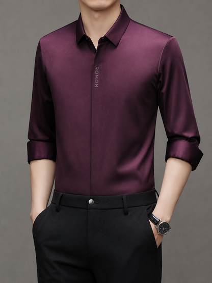 Jiskavi men's deep wine solid stretch formal shirt styled with black trousers