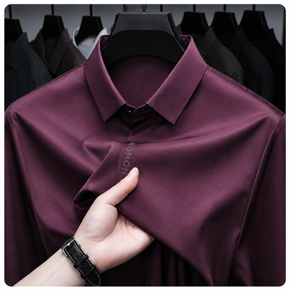 Jiskavi men's deep wine stretch formal shirt fabric and collar close-up