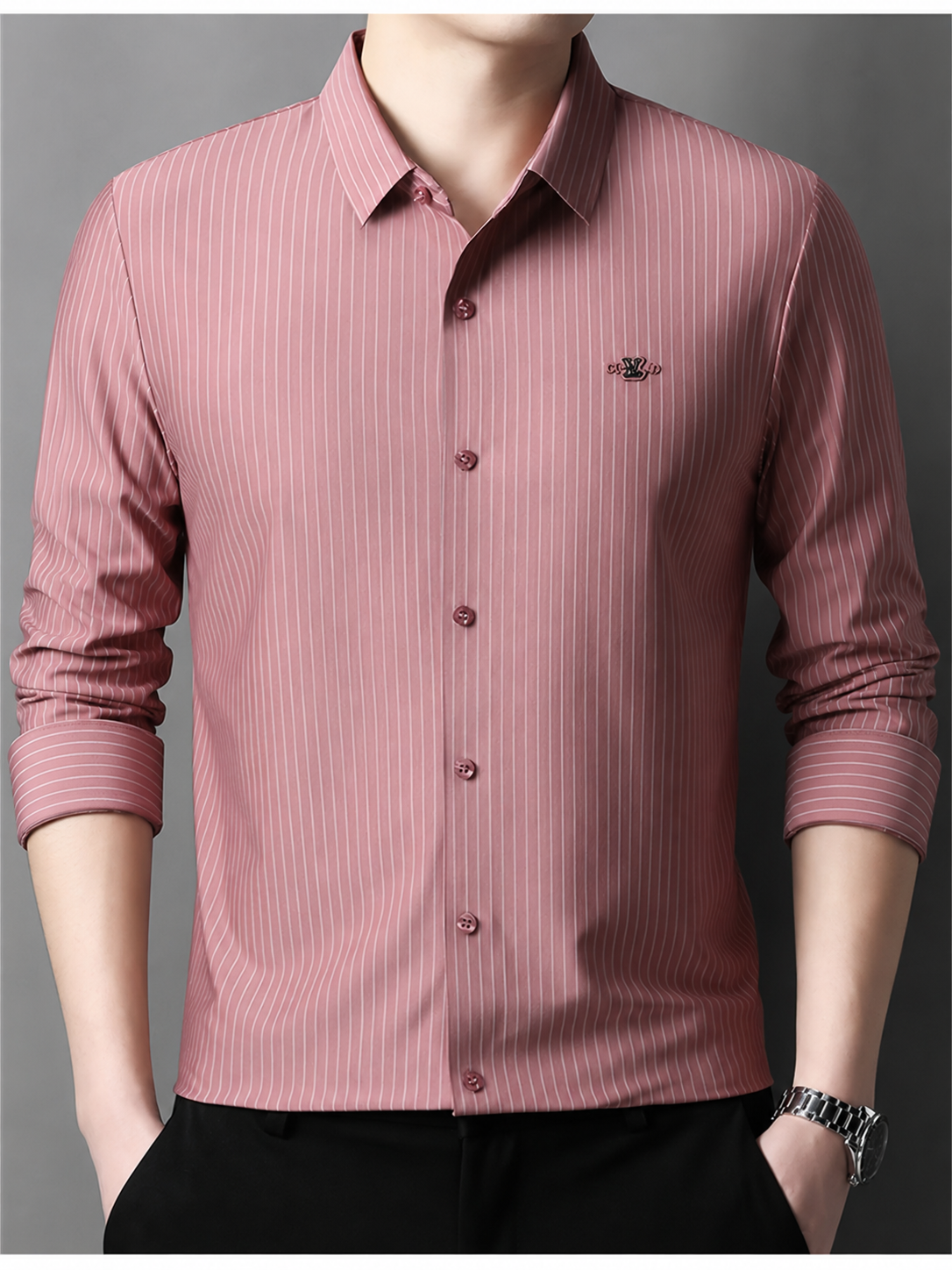 Jiskavi men’s dusty rose vertical striped stretch cotton shirt with full sleeves and black trousers