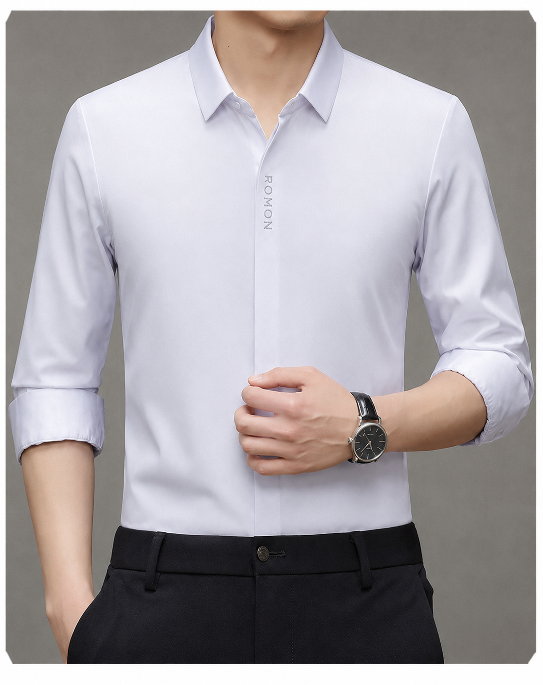 Men wearing Jiskavi ice grey solid stretch formal shirt with black trousers