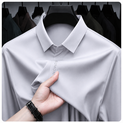 Jiskavi men's ice grey solid stretch formal shirt fabric and collar close-up