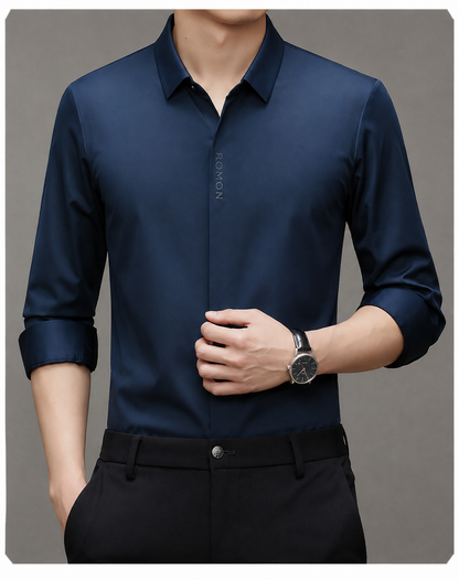 Men wearing Jiskavi midnight navy imported stretch formal shirt with black trousers