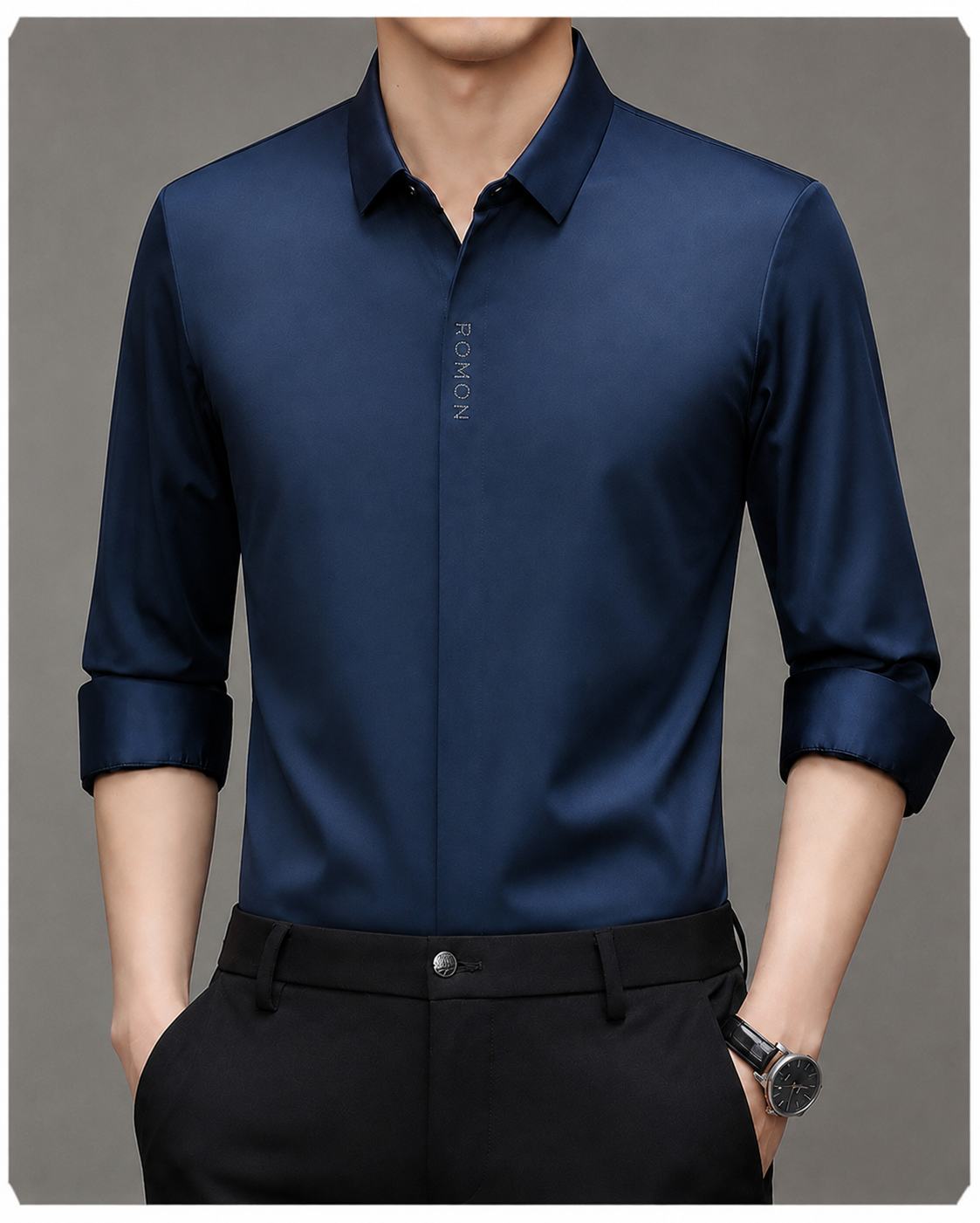 Front view of Jiskavi men's midnight navy full sleeve stretch office shirt