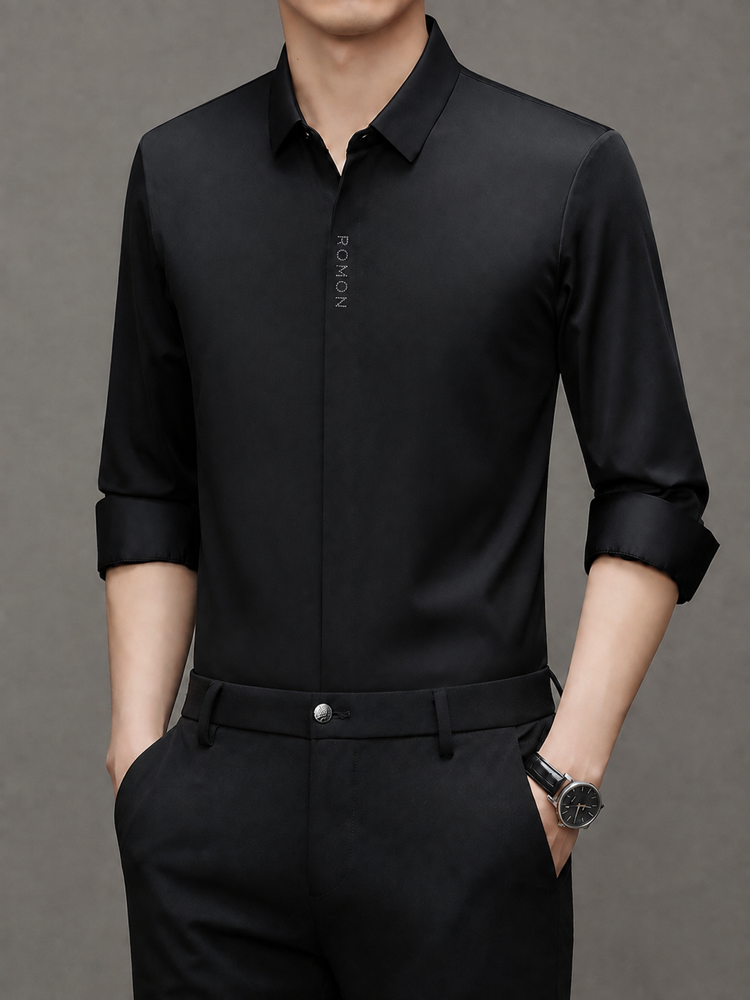 Jiskavi men's onyx black imported stretch formal shirt styled with black trousers