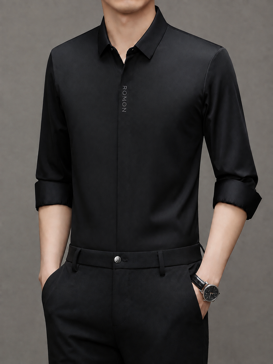 Jiskavi men's onyx black imported stretch formal shirt styled with black trousers