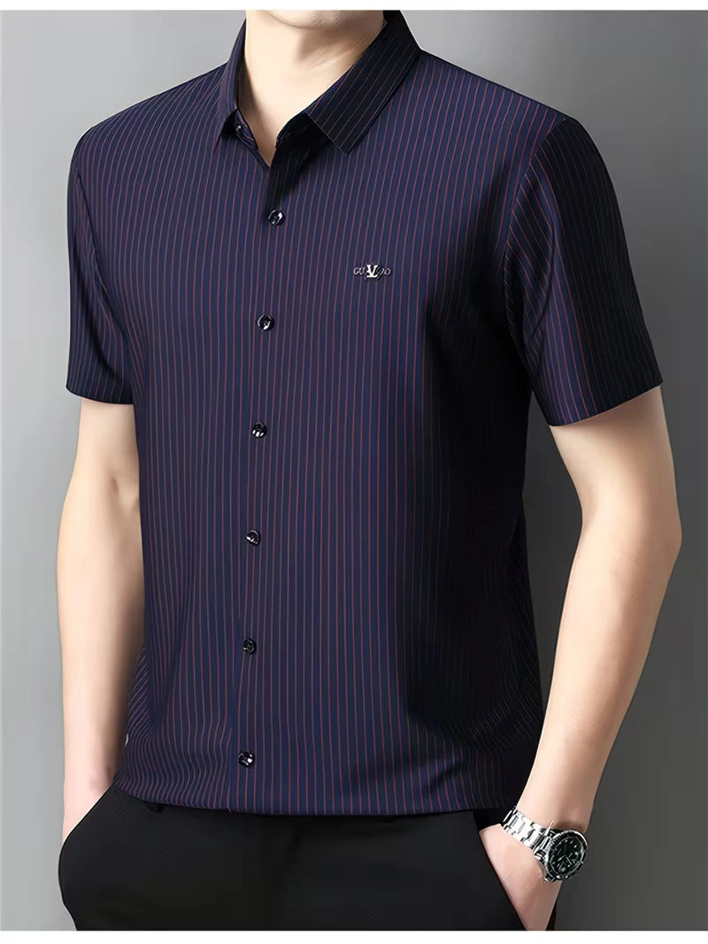 Jiskavi midnight indigo crimson pinstripe slim fit half sleeve men's stretch shirt — front view