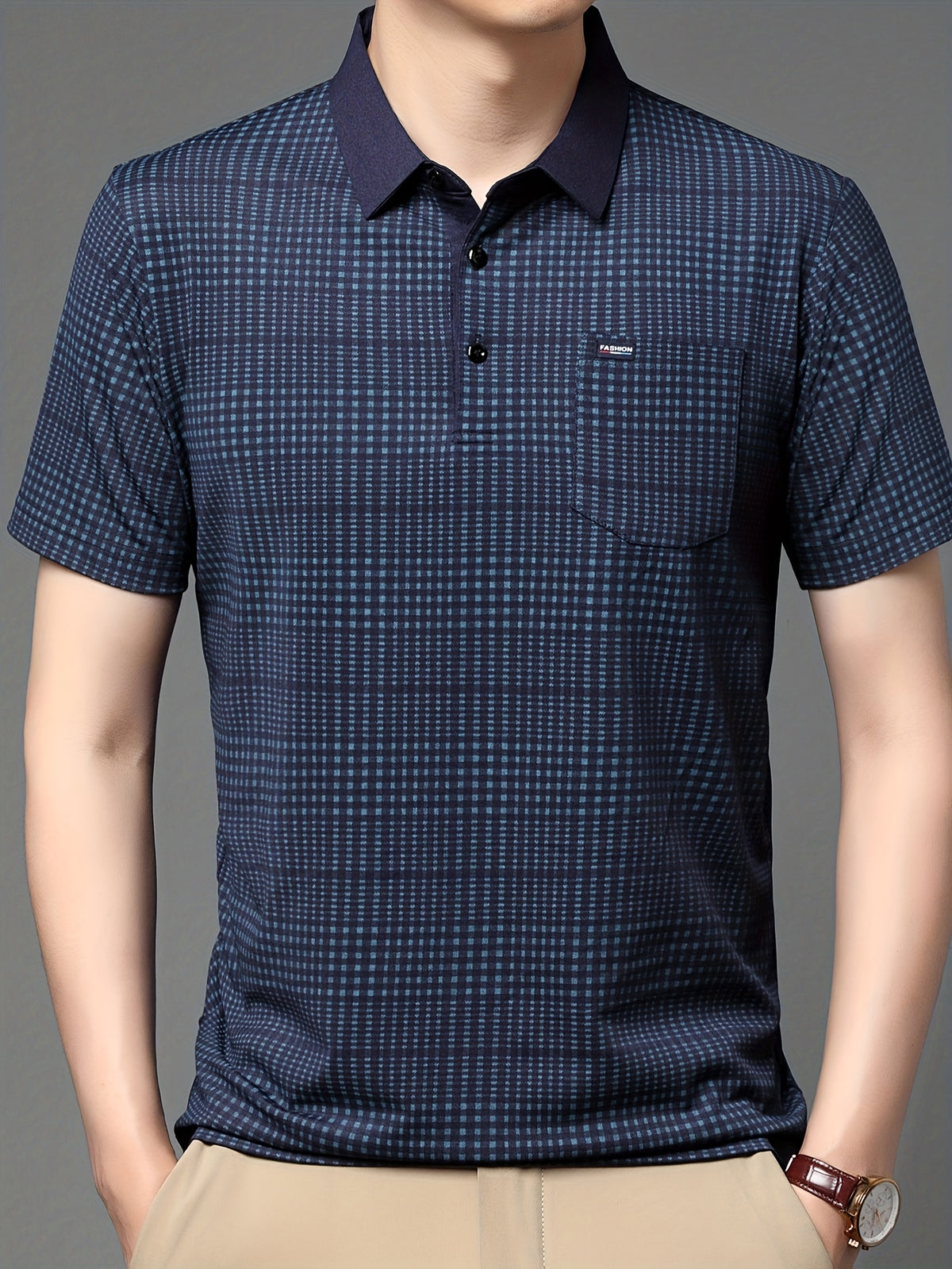 Jiskavi men's midnight navy micro check half sleeve polo T-shirt model front view