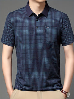 Jiskavi men's midnight navy micro check half sleeve polo T-shirt model front view
