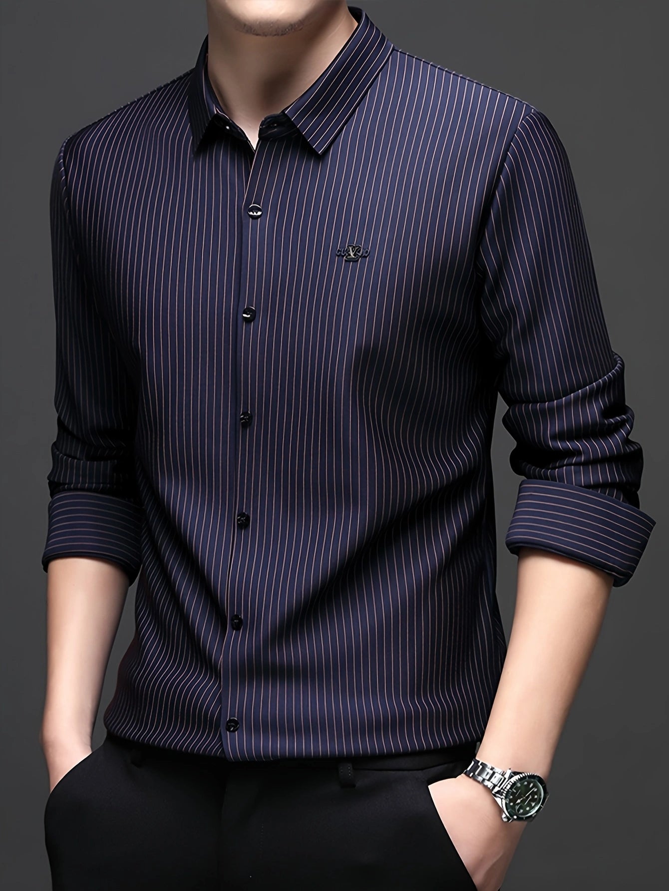 Jiskavi midnight navy slim fit full sleeve pinstripe stretch shirt — full front view