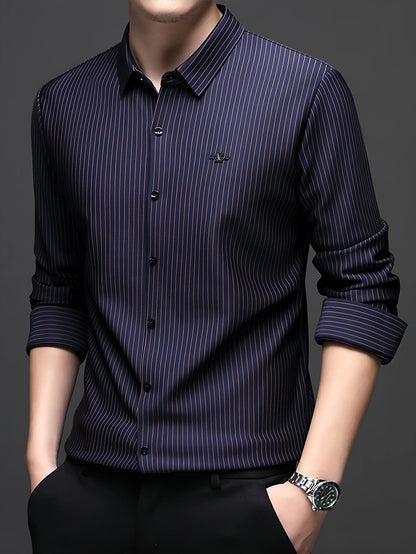Jiskavi midnight navy slim fit full sleeve pinstripe stretch shirt — full front view