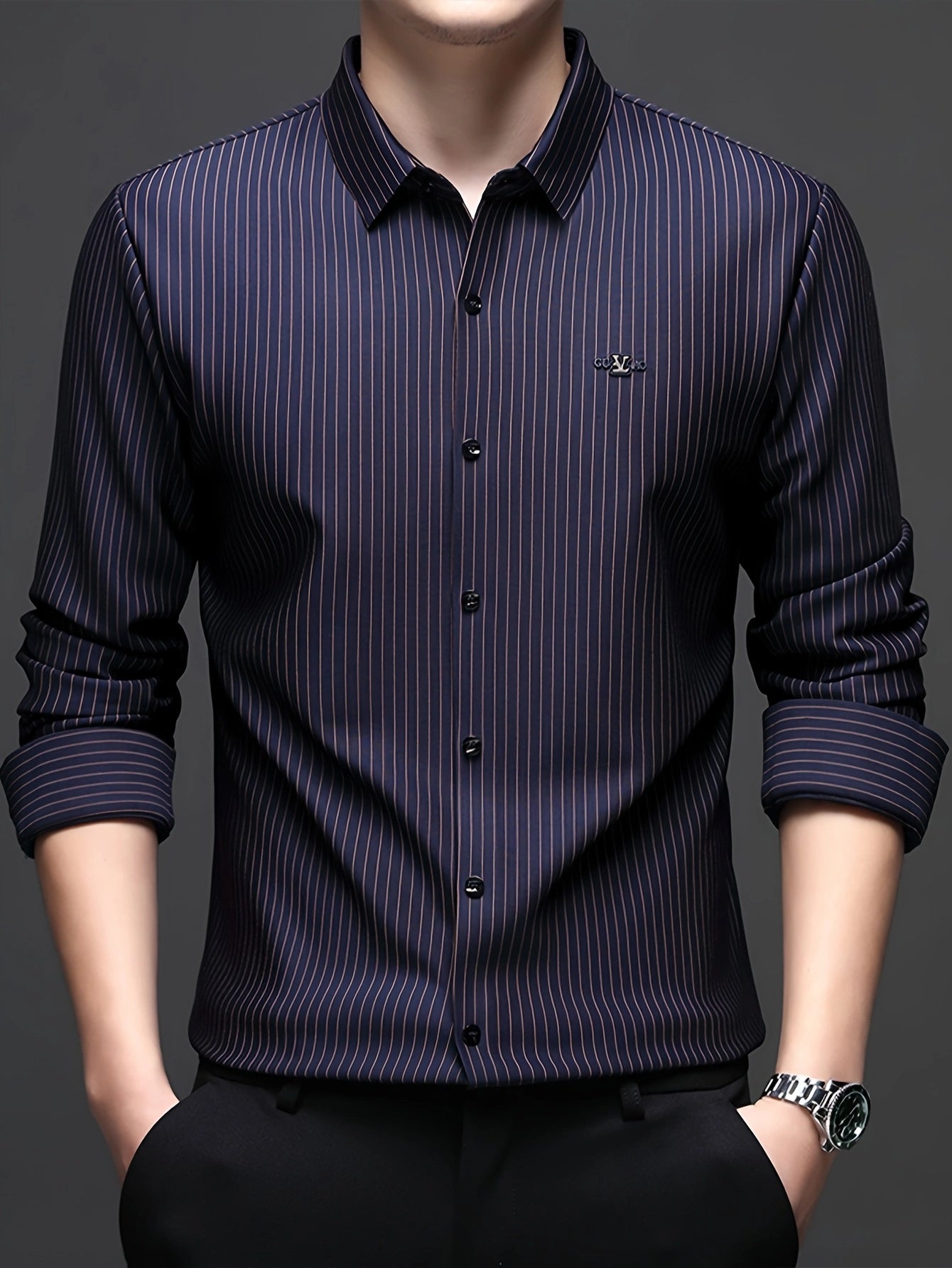 Jiskavi midnight navy crimson pinstripe slim fit full sleeve men's formal shirt — front view