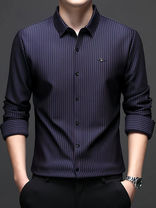 Jiskavi midnight navy crimson pinstripe slim fit full sleeve men's formal shirt — front view