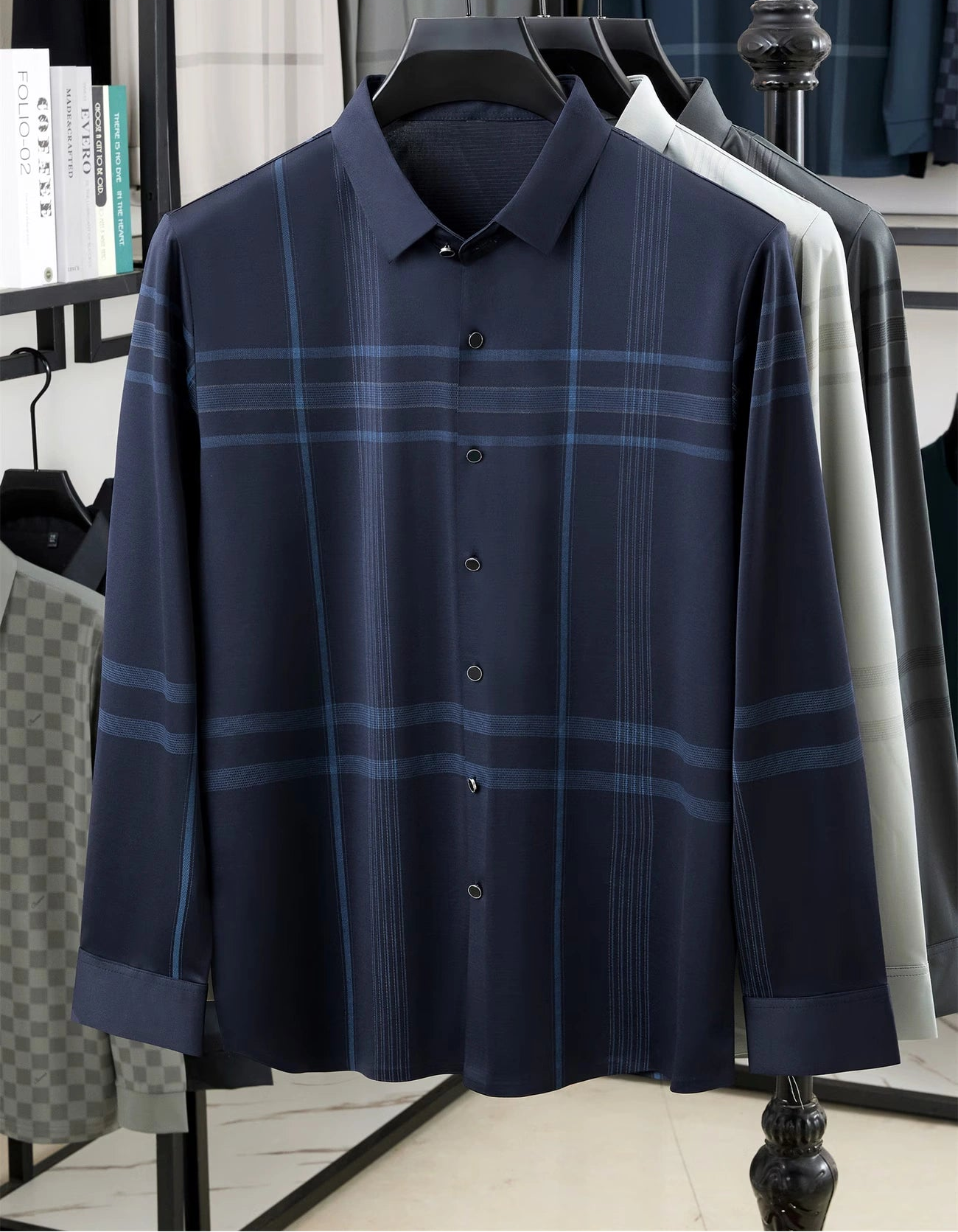 Jiskavi Midnight Navy Tonal Plaid Relaxed Fit Shirt – Front Hanger