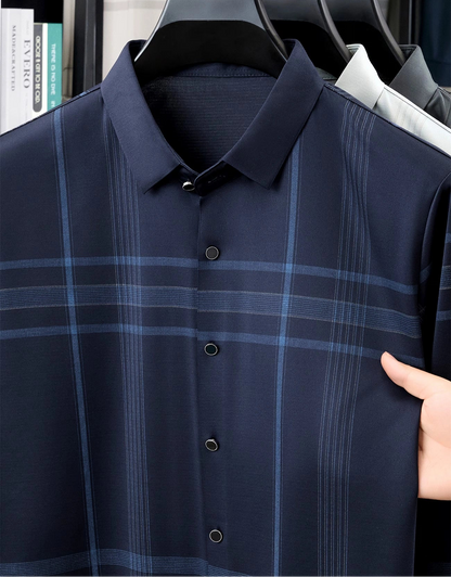 Jiskavi Navy Blue Plaid Check Shirt – Button & Pattern Closeup