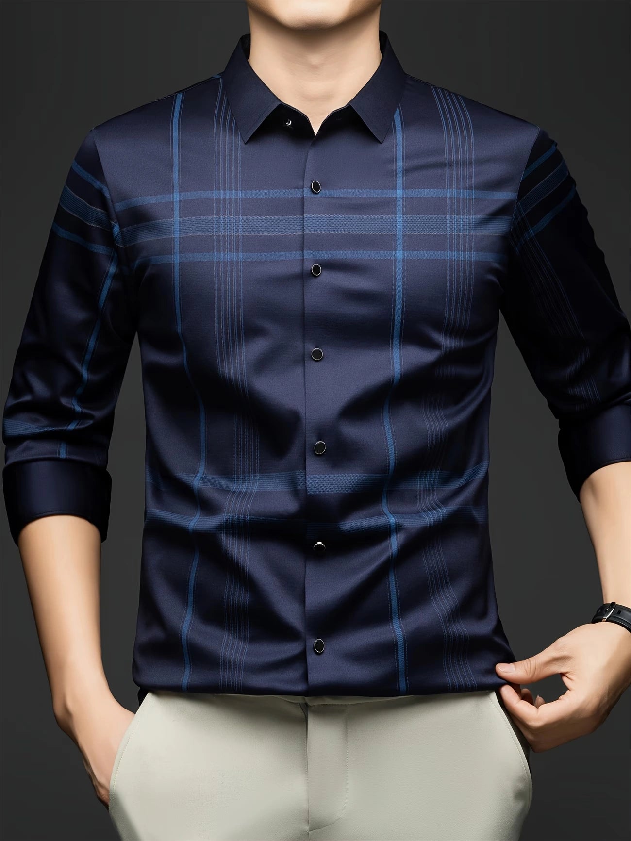Jiskavi Midnight Navy Plaid Shirt on Model – Front View