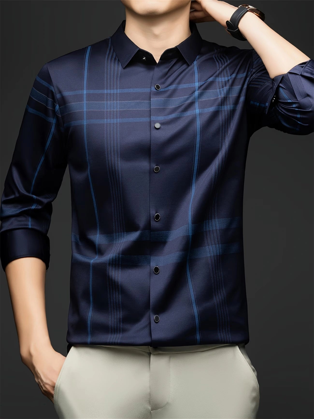 Jiskavi Navy Blue Relaxed Fit Plaid Check Shirt – Full Body Model