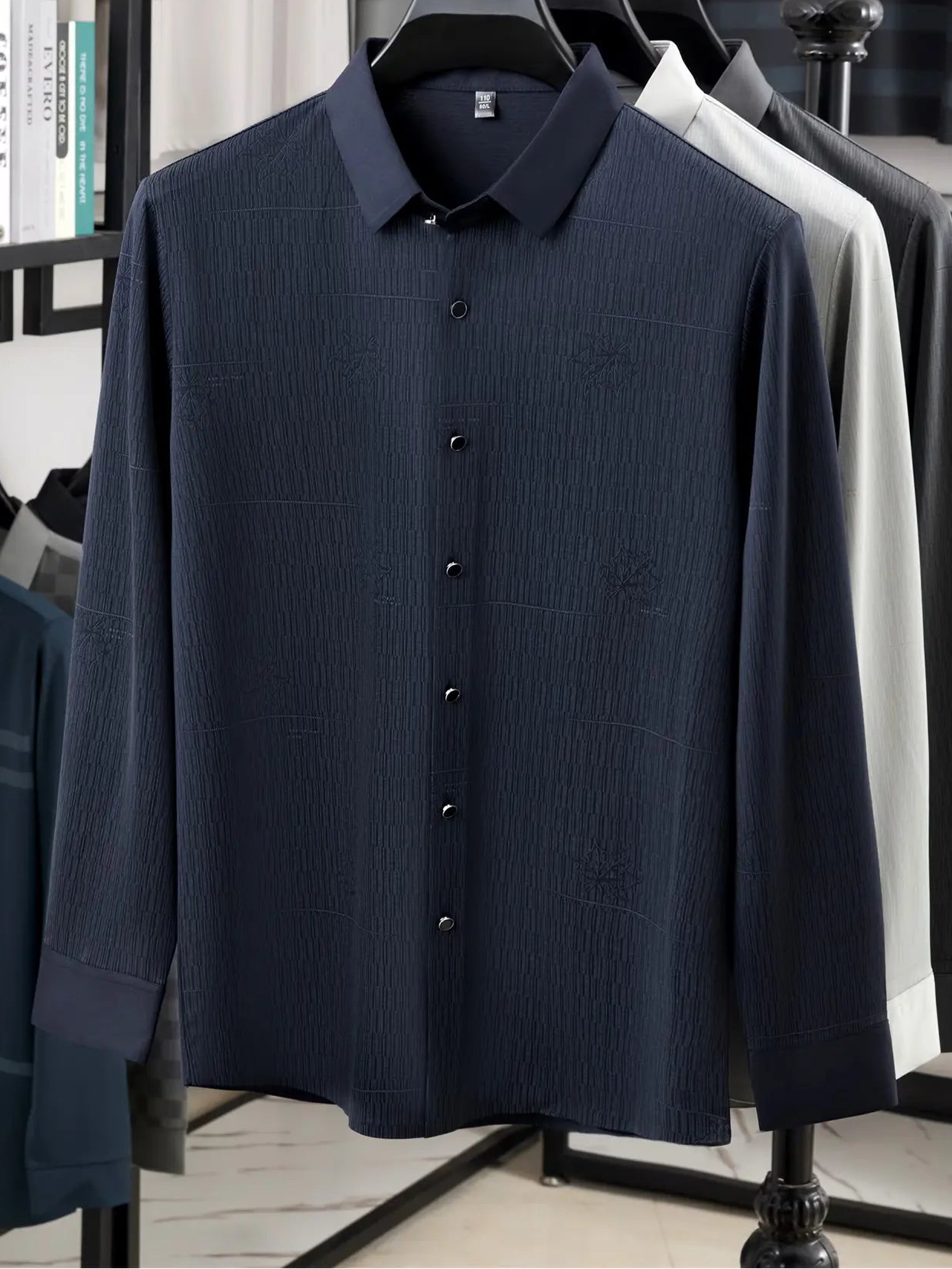 Jiskavi Midnight Navy Relaxed Fit Emboss Shirt – Front Hanger