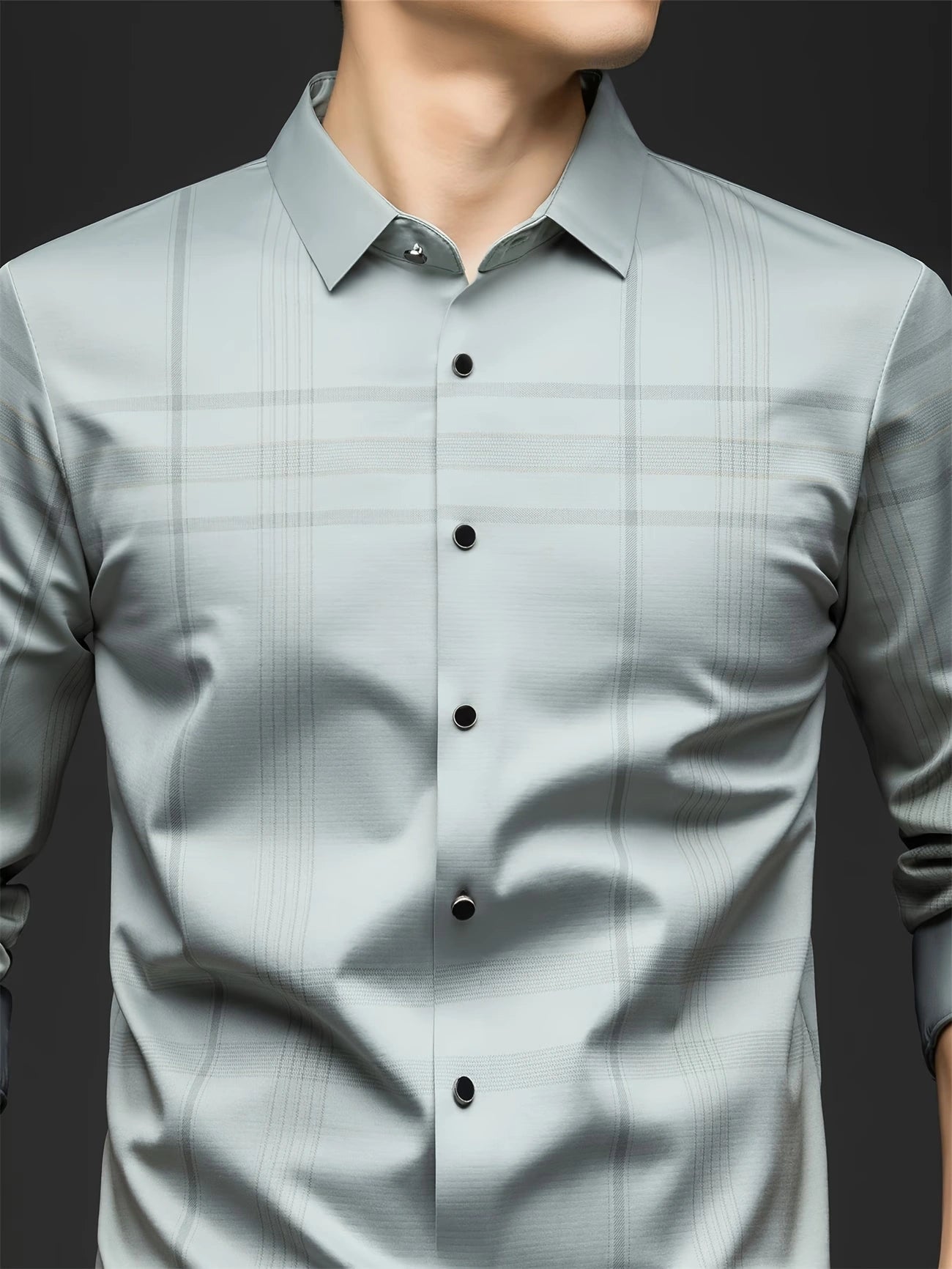 Jiskavi Mint Sage Stretch Cotton Check Shirt – Chest Closeup
