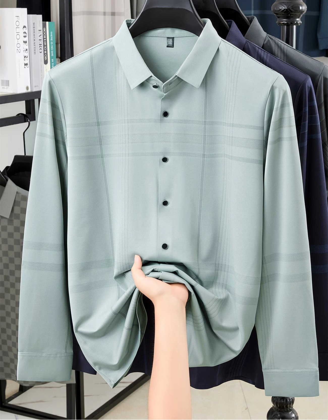 Jiskavi Mint Sage Check Relaxed Fit Shirt – Front Hanger View