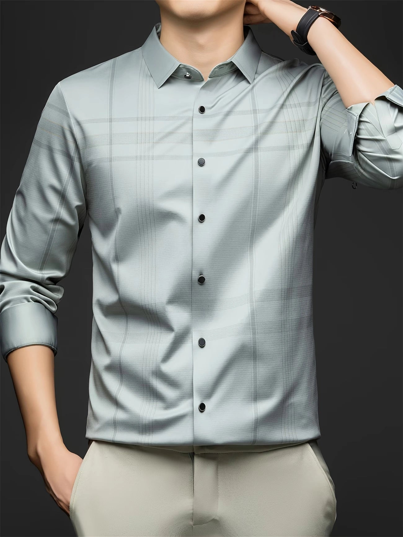 Jiskavi Mint Sage Plaid Shirt on Model – Front View