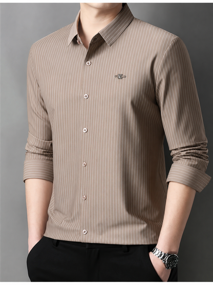 Jiskavi mocha brown pinstripe men’s formal shirt in premium stretch cotton blend styled with black trousers