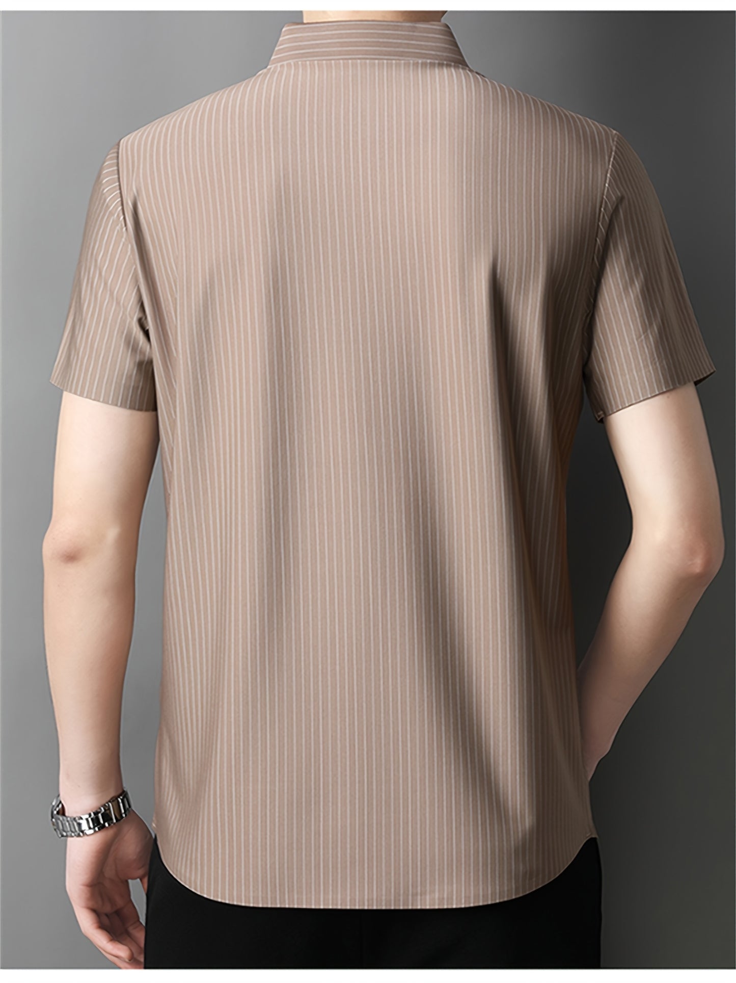 Jiskavi mocha brown vertical stripe stretch cotton half sleeve shirt — back view on model