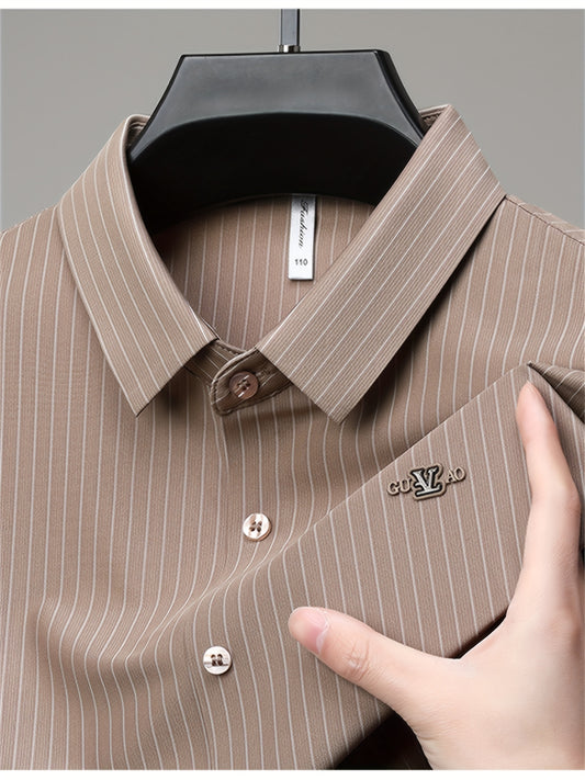 Jiskavi mocha brown vertical stripe slim fit half sleeve shirt — metal chest badge and tonal button detail