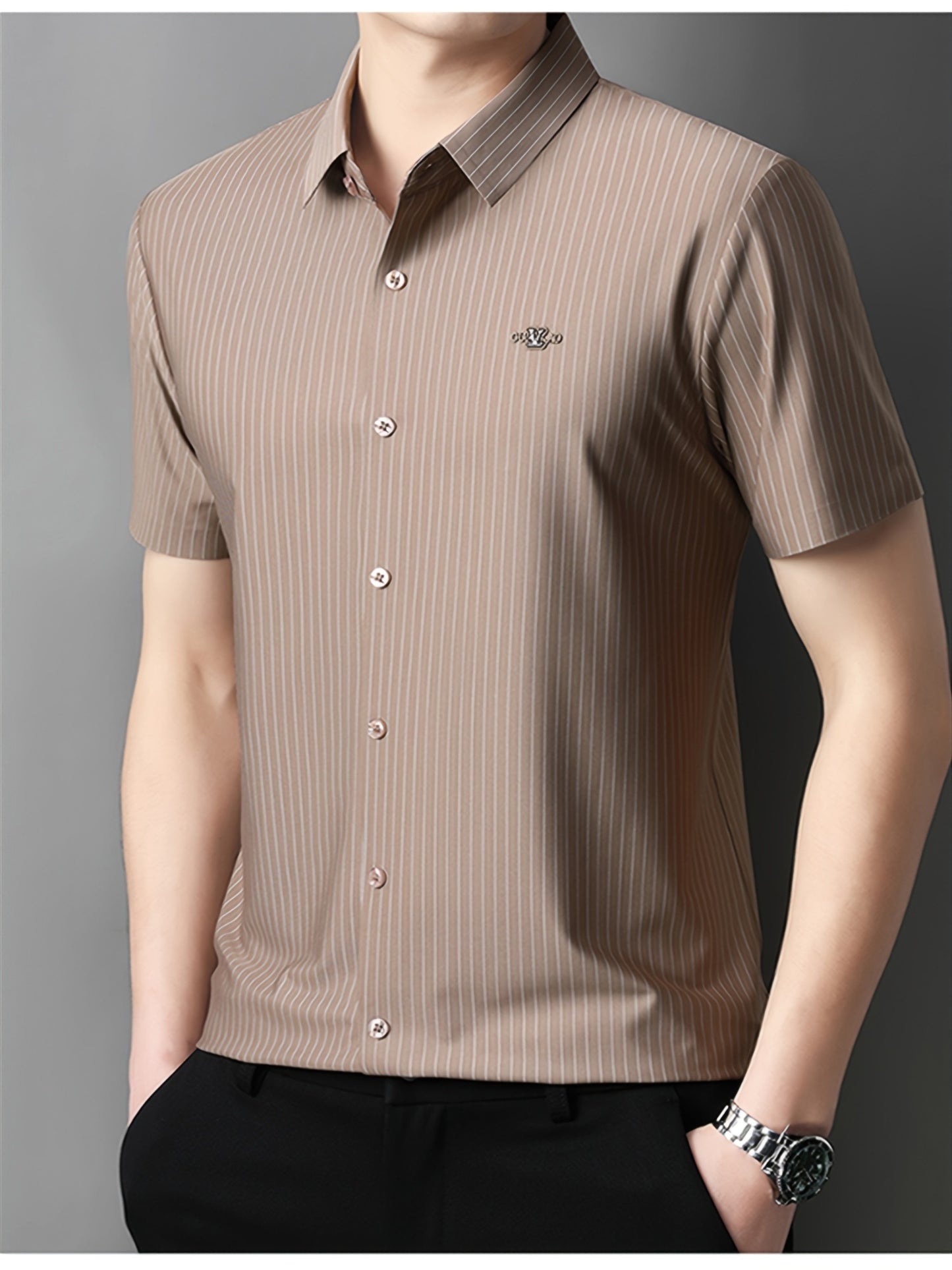 Jiskavi mocha brown vertical stripe half sleeve slim fit shirt — close up fit view on model