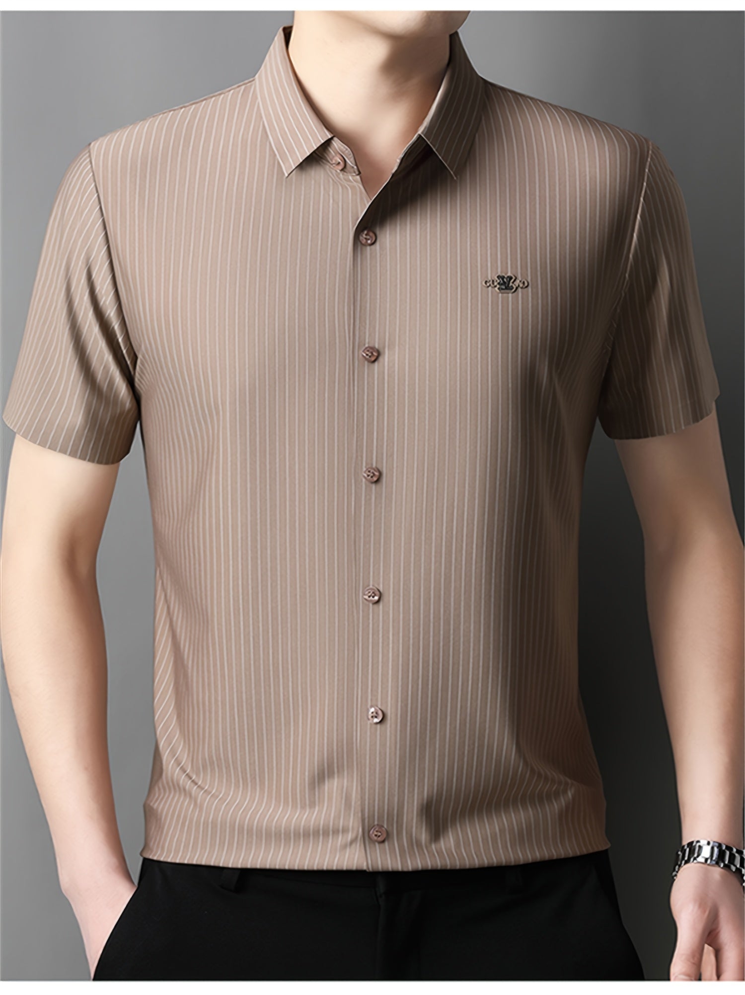 Jiskavi mocha brown Bengal stripe slim fit half sleeve men's shirt — front view on model with black trousers
