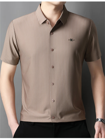 Jiskavi mocha brown Bengal stripe slim fit half sleeve men's shirt — front view on model with black trousers