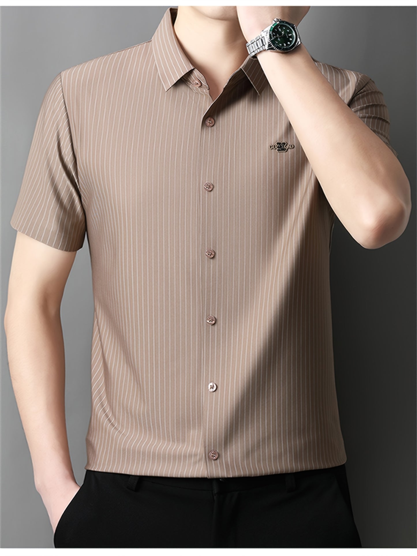 Jiskavi mocha brown stripe half sleeve slim fit stretch cotton shirt — lifestyle shot on model