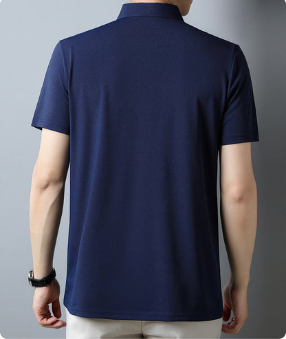 Jiskavi men's navy blue linear stripe polo T-shirt front view