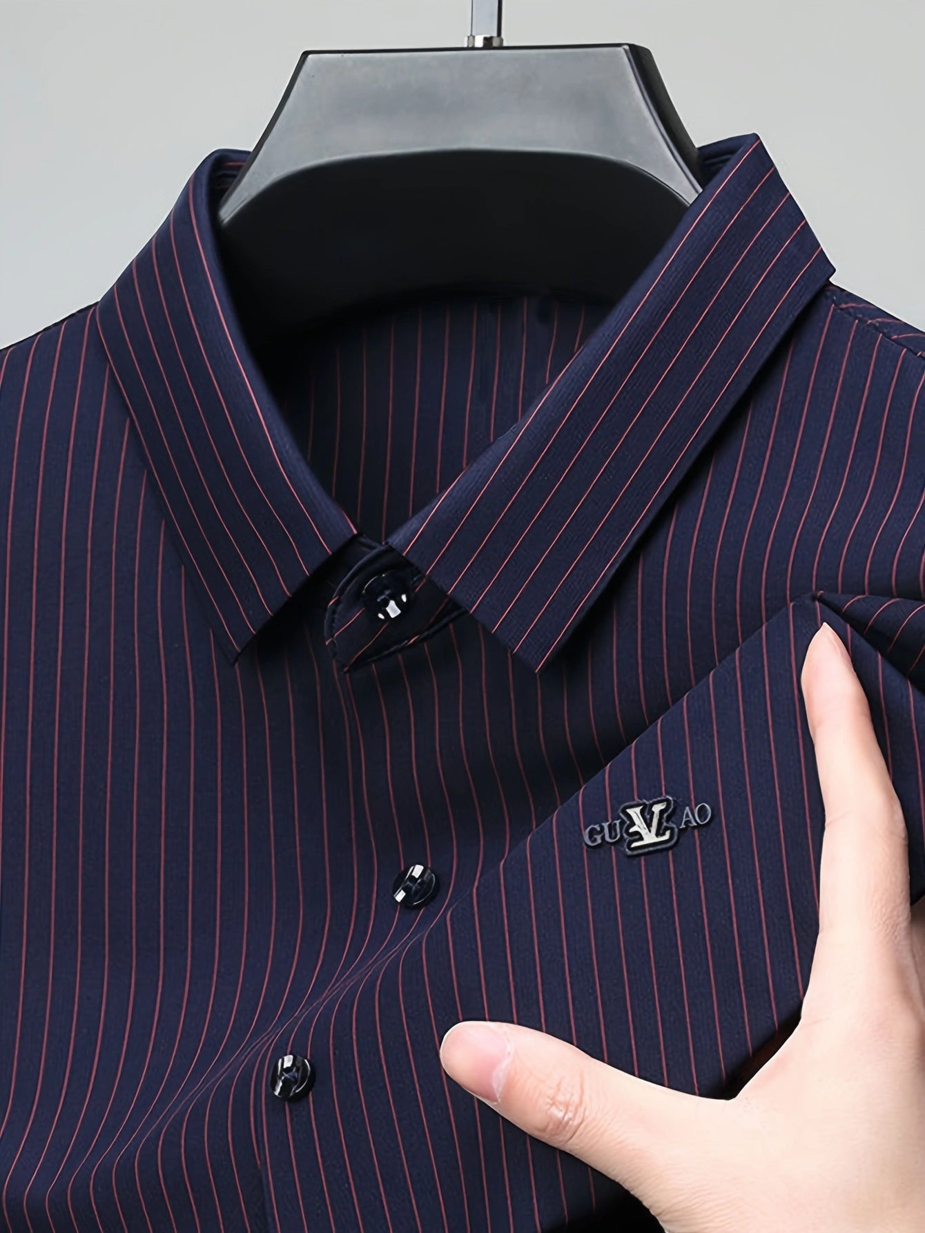 Jiskavi midnight navy crimson pinstripe shirt — point collar with collar stays, metal chest badge and dark tonal buttons