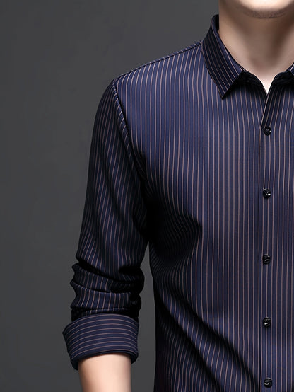Jiskavi midnight navy pinstripe stretch shirt — single button barrel cuff rolled back detail