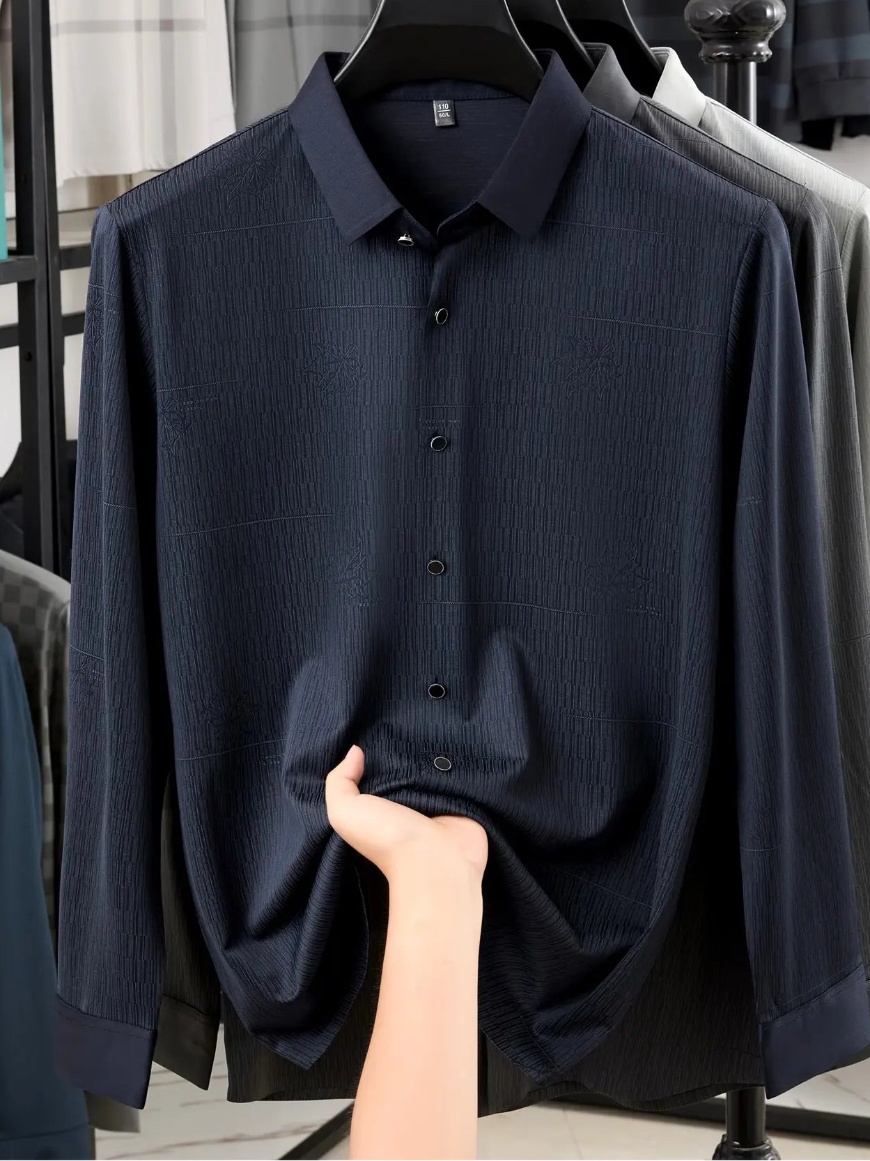 Jiskavi Navy Stretch Cotton Shirt – Fabric Drape Closeup