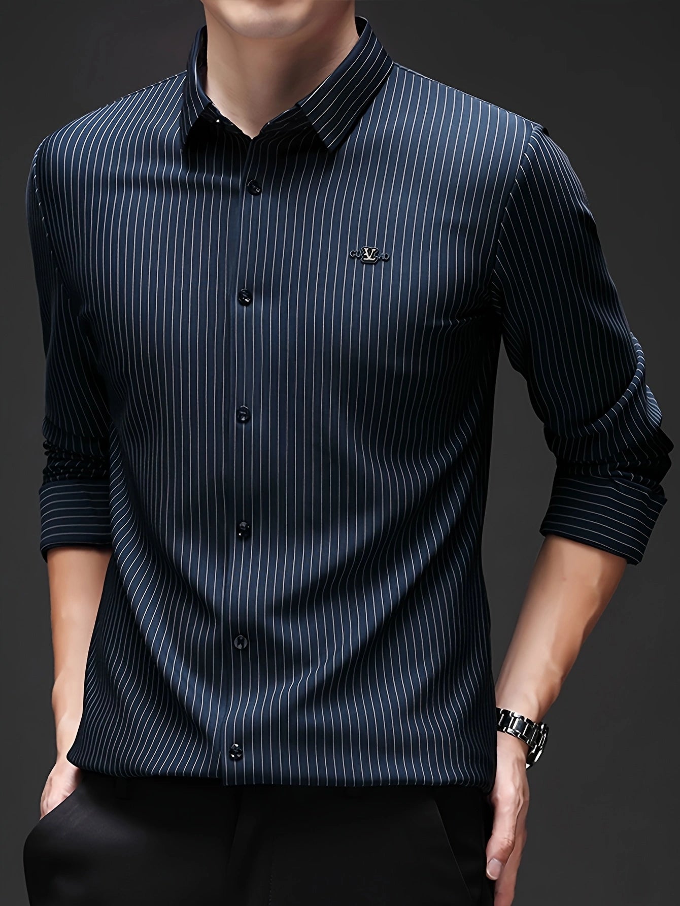 Jiskavi ocean navy slim fit full sleeve silver pinstripe stretch shirt — full front view
