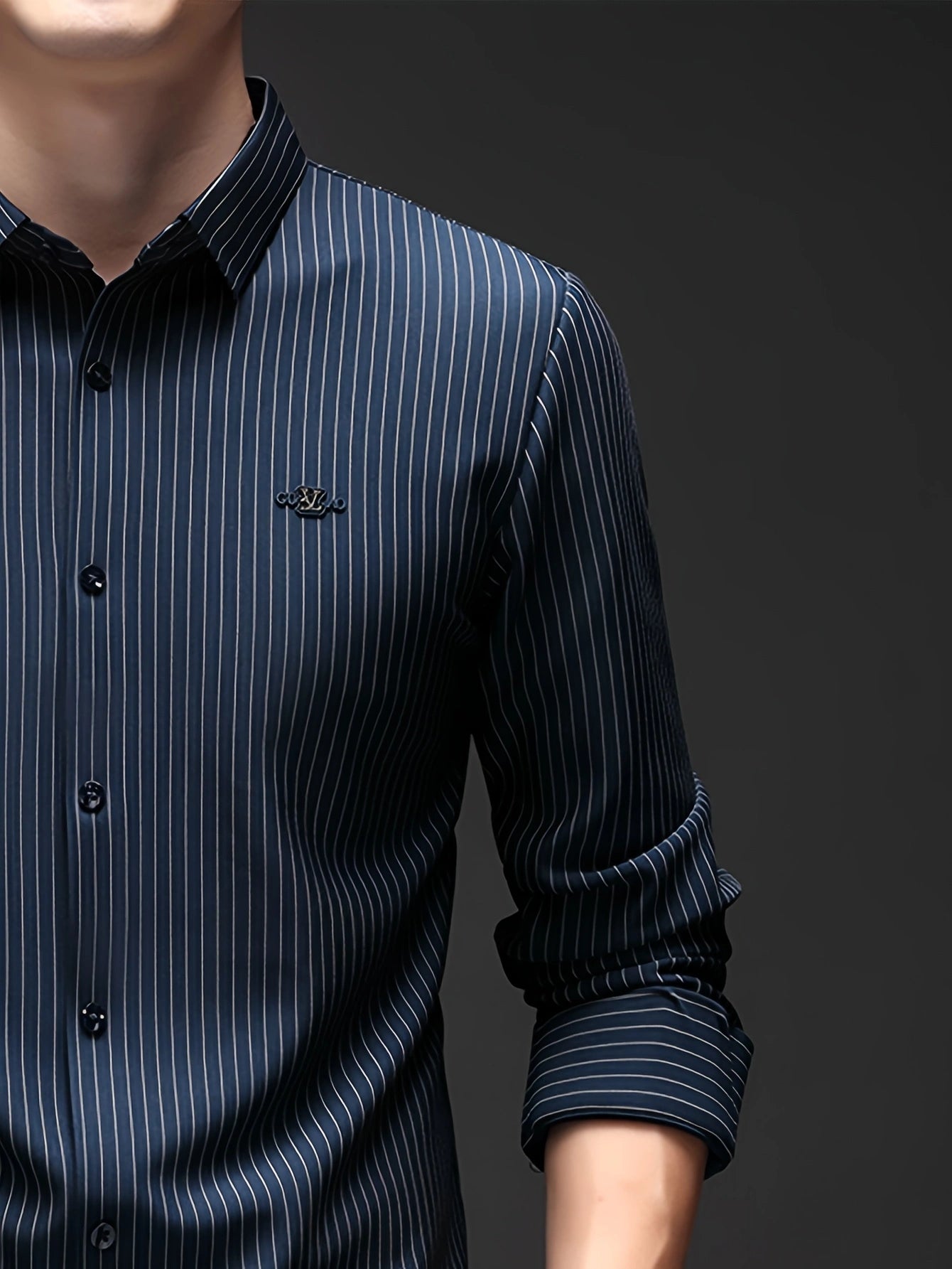 Jiskavi ocean navy pinstripe formal shirt — metal emblem badge on left chest clean front panel