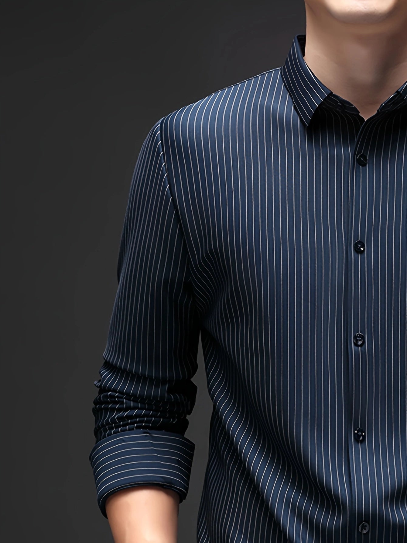 Jiskavi ocean navy pinstripe stretch shirt — single button barrel cuff rolled back detail