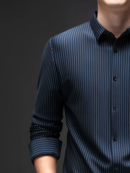 Jiskavi ocean navy pinstripe stretch shirt — single button barrel cuff rolled back detail