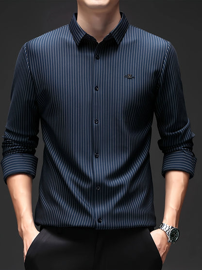 Jiskavi ocean navy silver pinstripe slim fit full sleeve men's formal shirt — front view