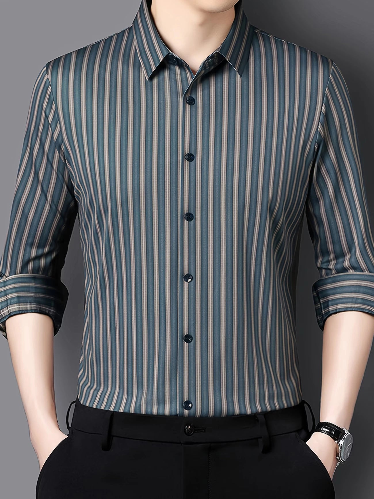 Jiskavi Ocean Teal Beige Stripe Slim Fit Shirt – Front View