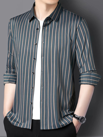 Jiskavi Ocean Teal Pinstripe Shirt – Full Body Model
