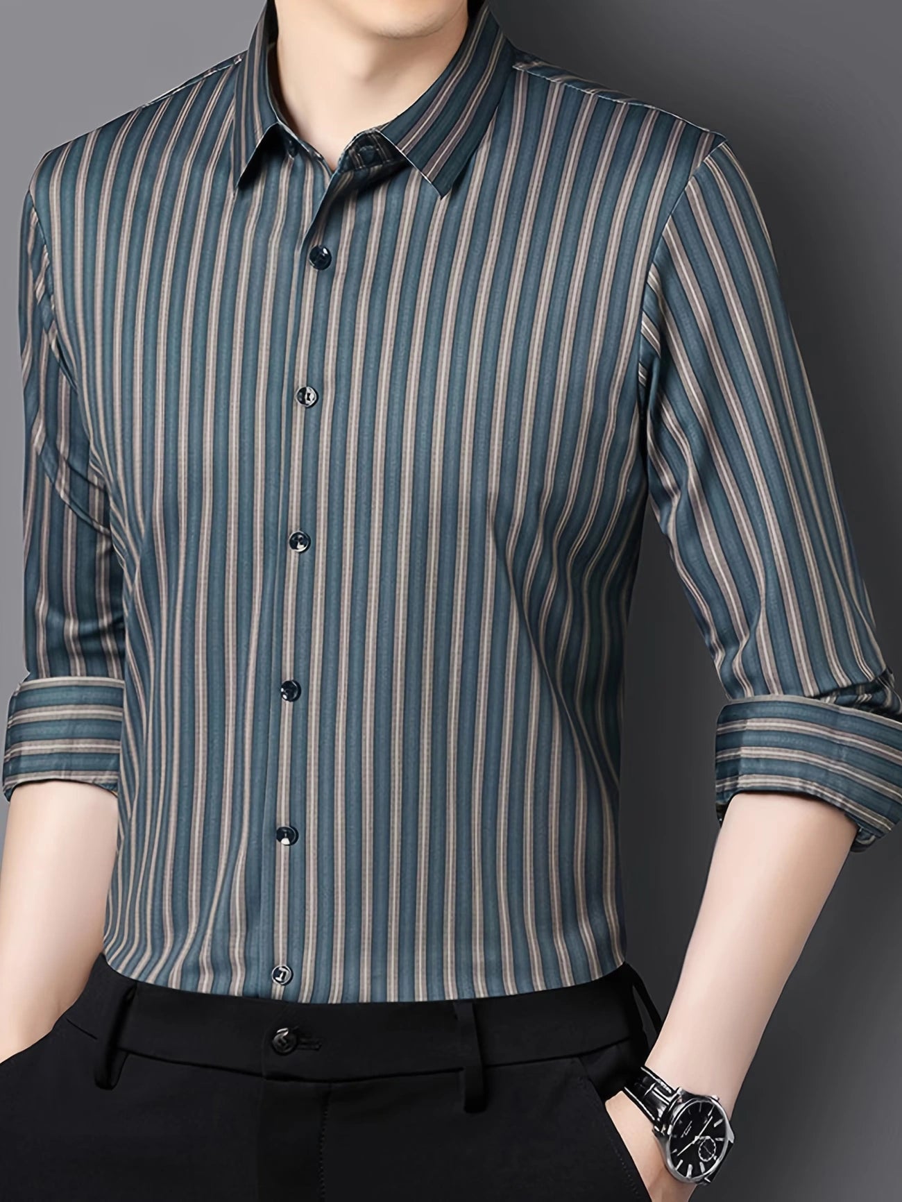Jiskavi Ocean Teal Stripe Shirt – Rolled Sleeve Casual Style
